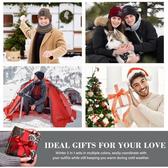 🆕 Men Grey Fleece Lined Winter Cap Beanie Scarf Set Knit Neck Warmer Nice Hat - Picture 5 of 5